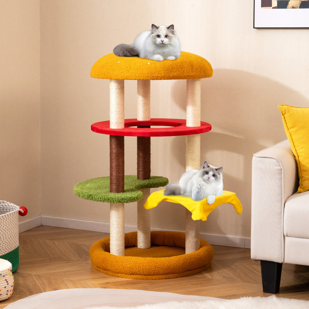42 Inch Tall Modern Multi-Level Cat Tree with Padded Perch and Bottom Bed - Yellow