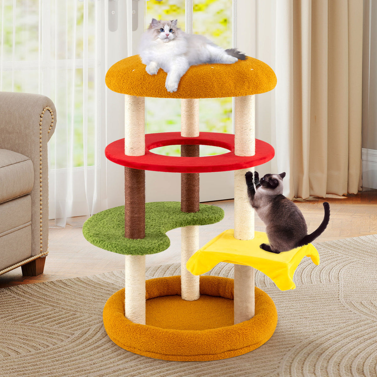 42 Inch Tall Modern Multi-Level Cat Tree with Padded Perch and Bottom Bed - Yellow