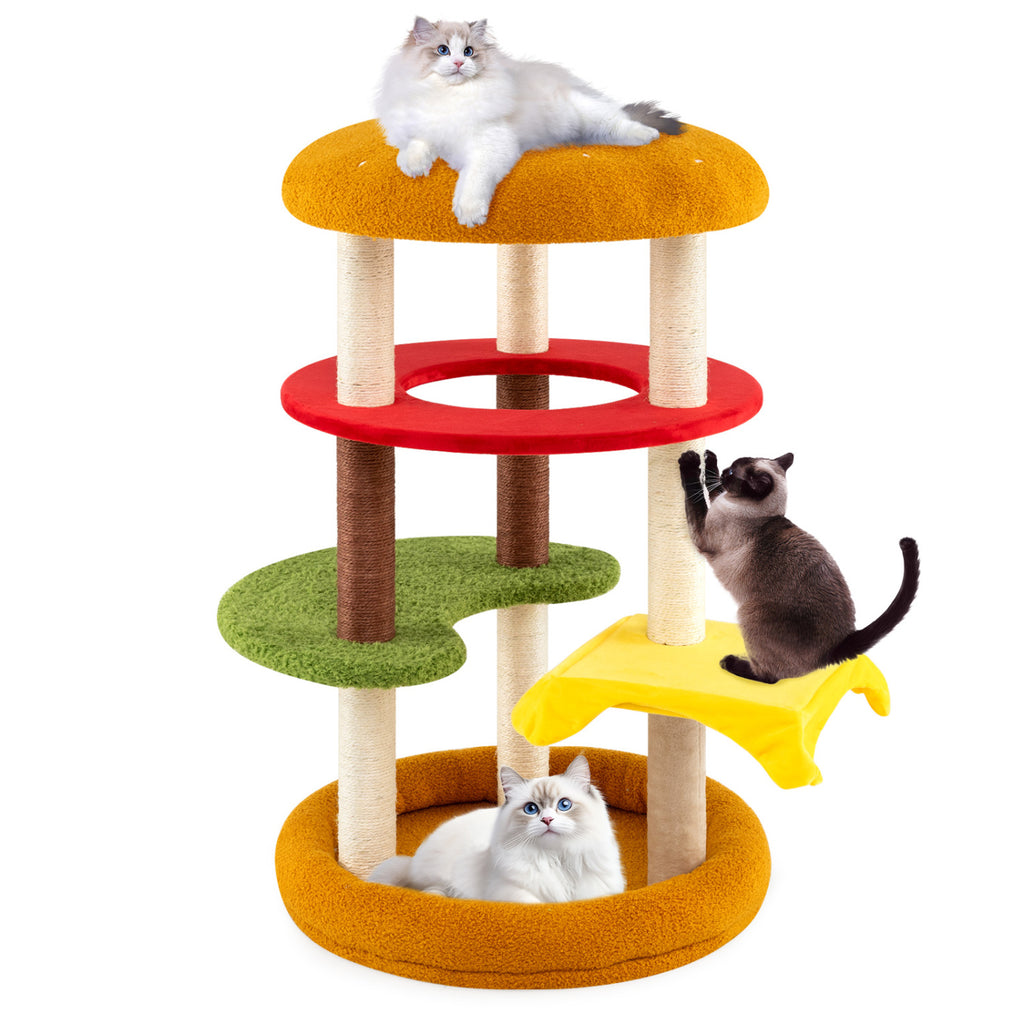 42 Inch Tall Modern Multi-Level Cat Tree with Padded Perch and Bottom Bed - Yellow