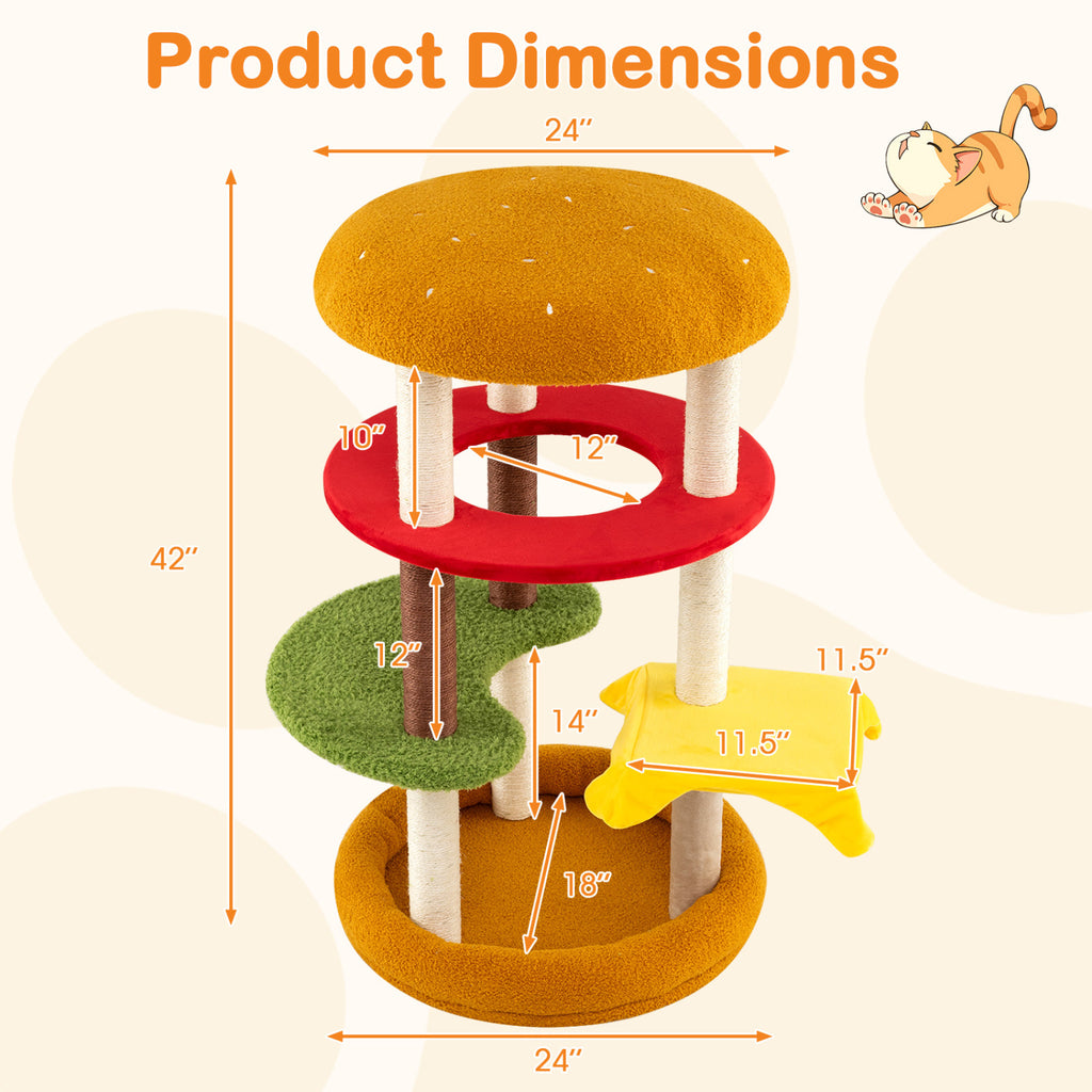 42 Inch Tall Modern Multi-Level Cat Tree with Padded Perch and Bottom Bed - Yellow