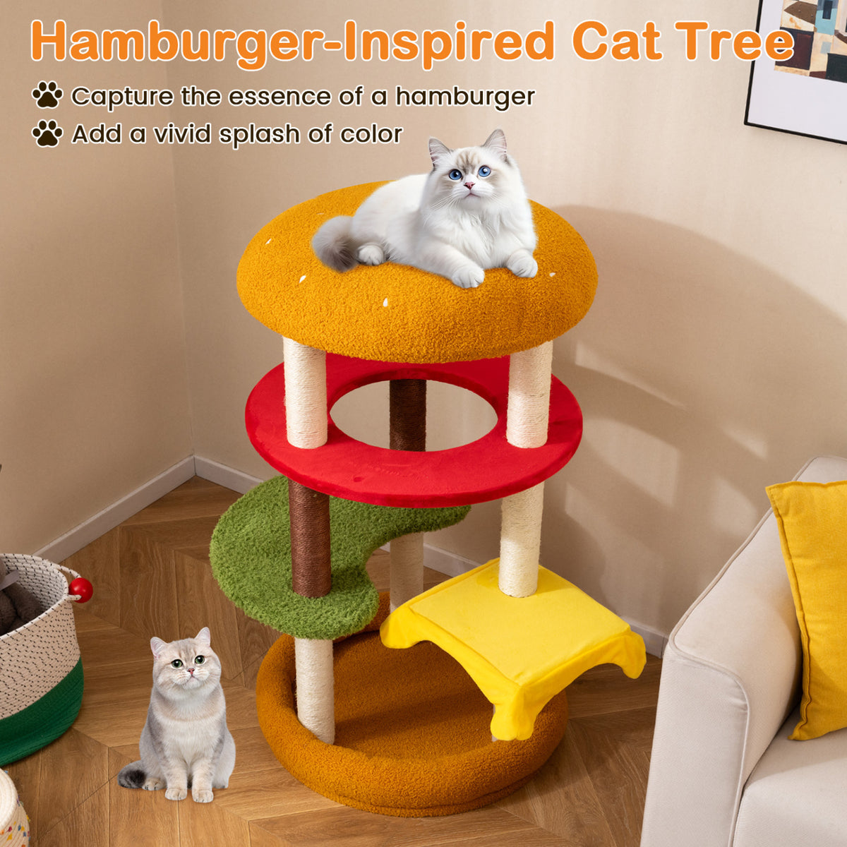 42 Inch Tall Modern Multi-Level Cat Tree with Padded Perch and Bottom Bed - Yellow