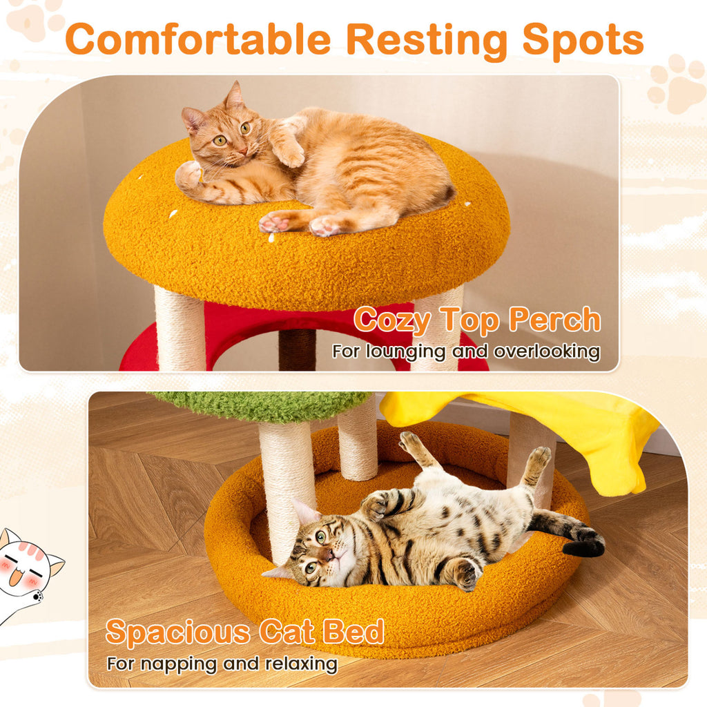 42 Inch Tall Modern Multi-Level Cat Tree with Padded Perch and Bottom Bed - Yellow