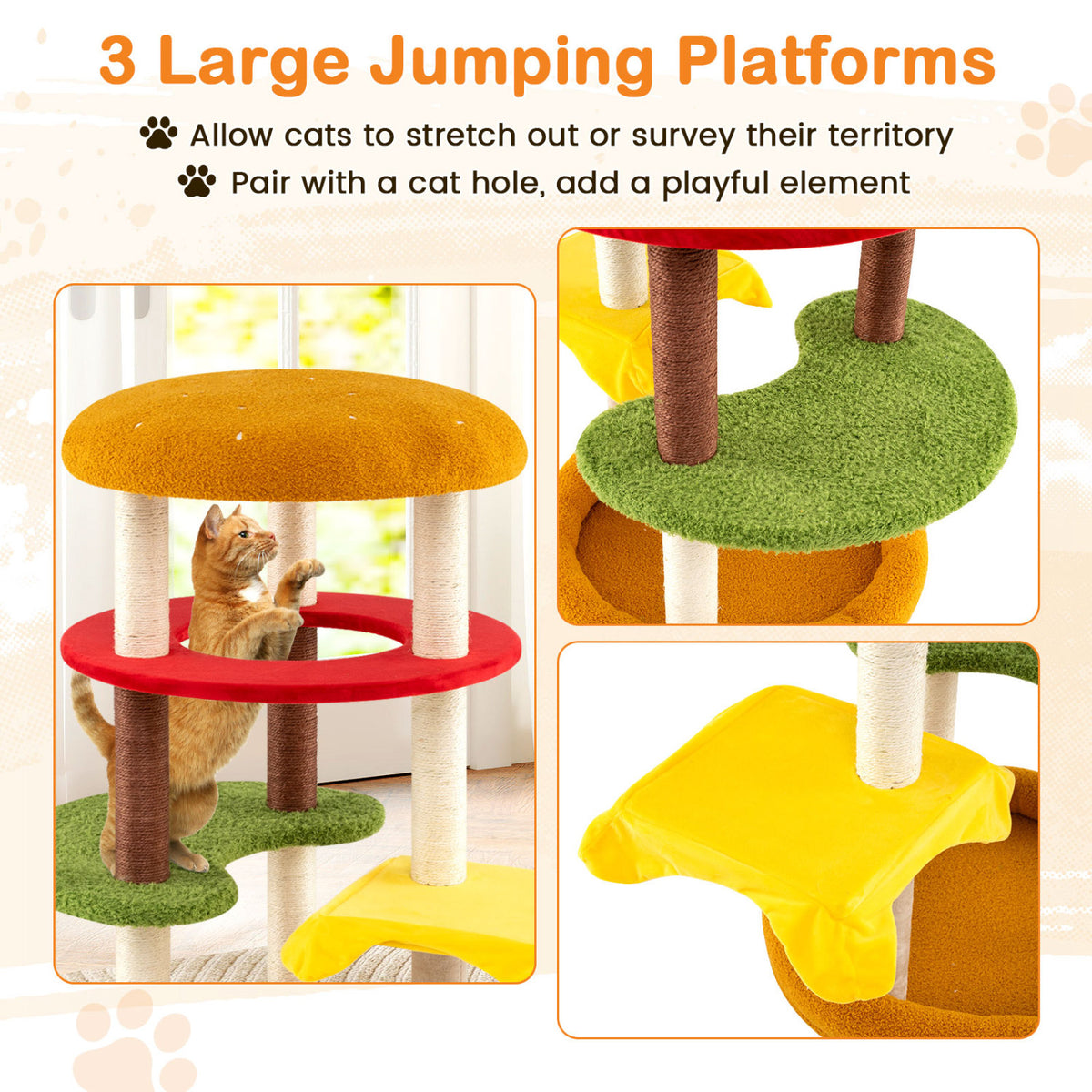 42 Inch Tall Modern Multi-Level Cat Tree with Padded Perch and Bottom Bed - Yellow