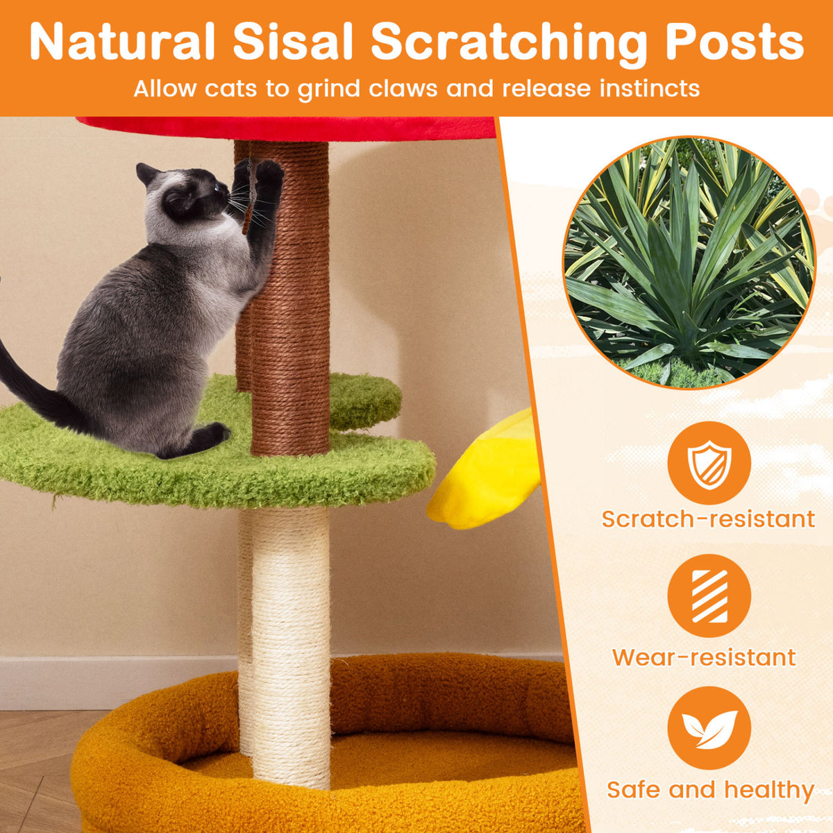 42 Inch Tall Modern Multi-Level Cat Tree with Padded Perch and Bottom Bed - Yellow