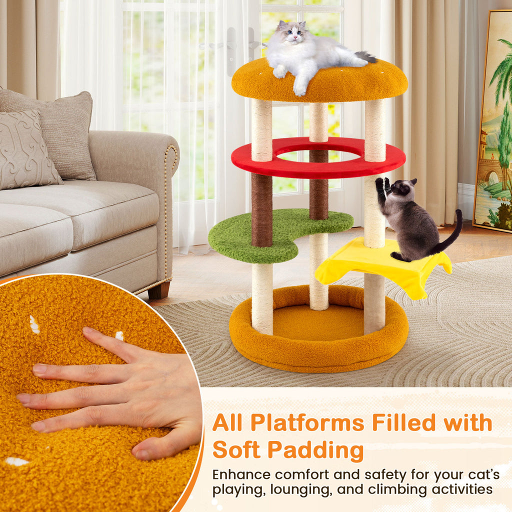 42 Inch Tall Modern Multi-Level Cat Tree with Padded Perch and Bottom Bed - Yellow