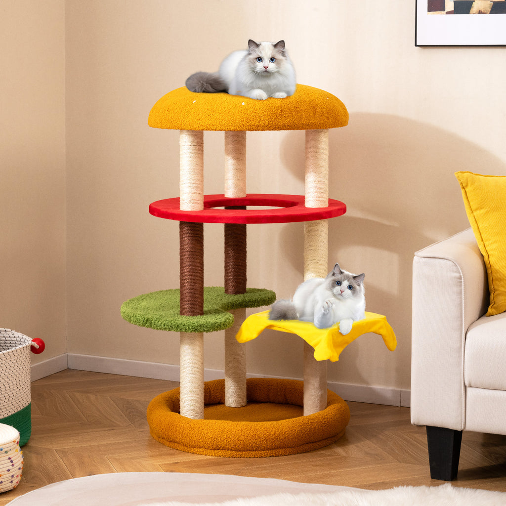 42 Inch Tall Modern Multi-Level Cat Tree with Padded Perch and Bottom Bed - Yellow