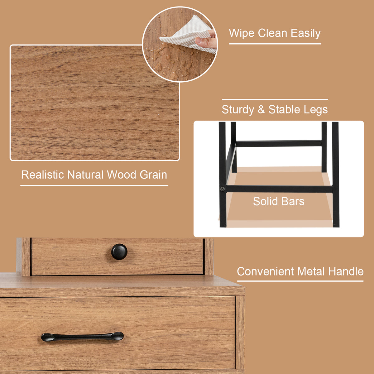 42-Inch Vanity Desk with Shelf and Drawers, Natural
