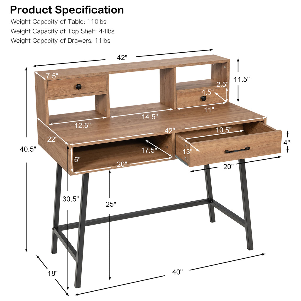 42-Inch Vanity Desk with Shelf and Drawers, Natural