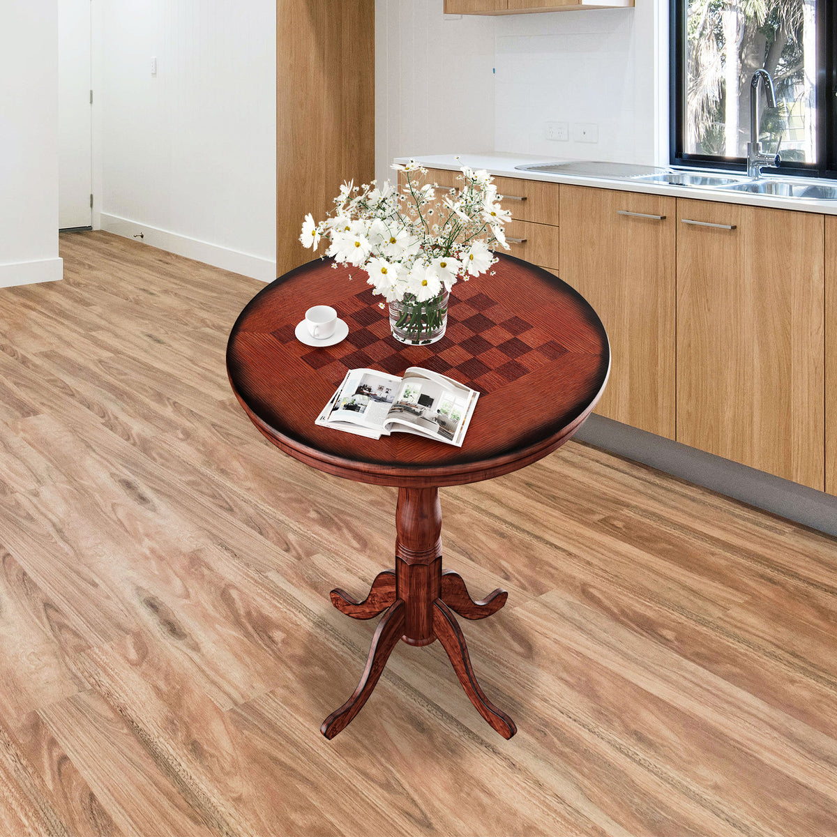 42 Inch Wooden Round Pub Table with Chessboard