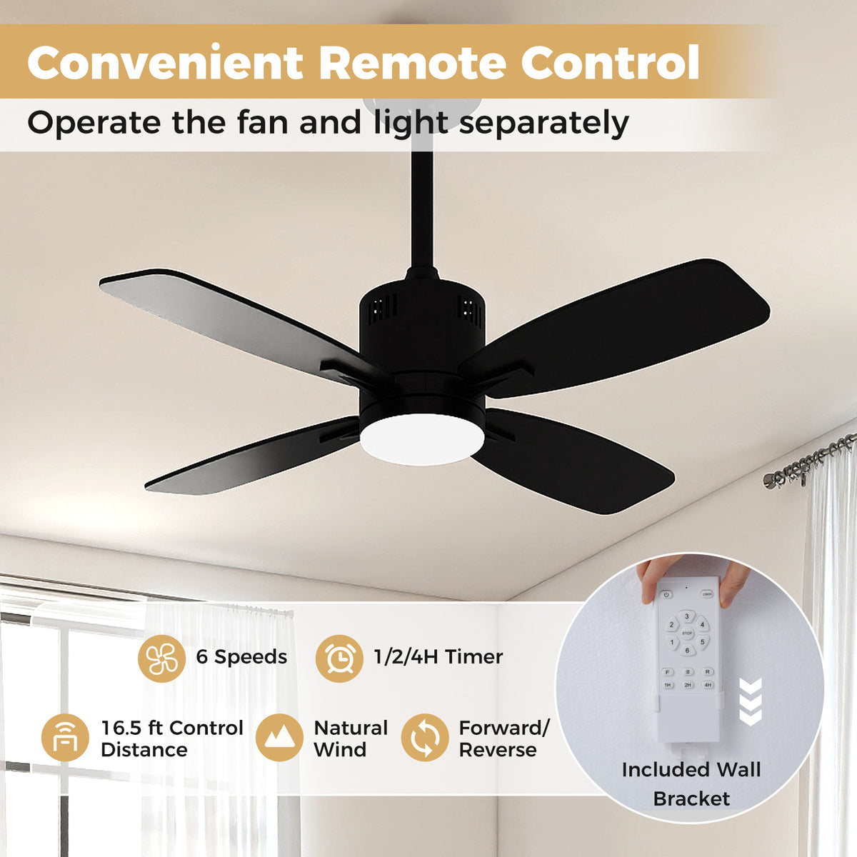 42-Inch Ceiling Fan with Light and Remote Control - Black, 3CCT LED, 6 Speeds, Timer, Memory, Reversible Motor, Quiet Operation