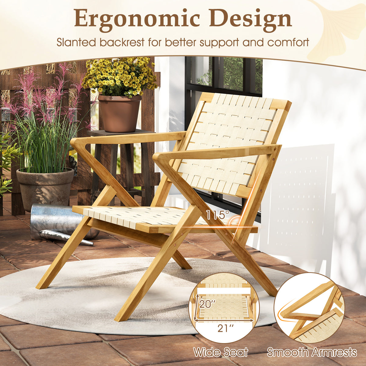 Outdoor and Indoor Teak Wood Patio Chair wuth Webbing Seat Backrest