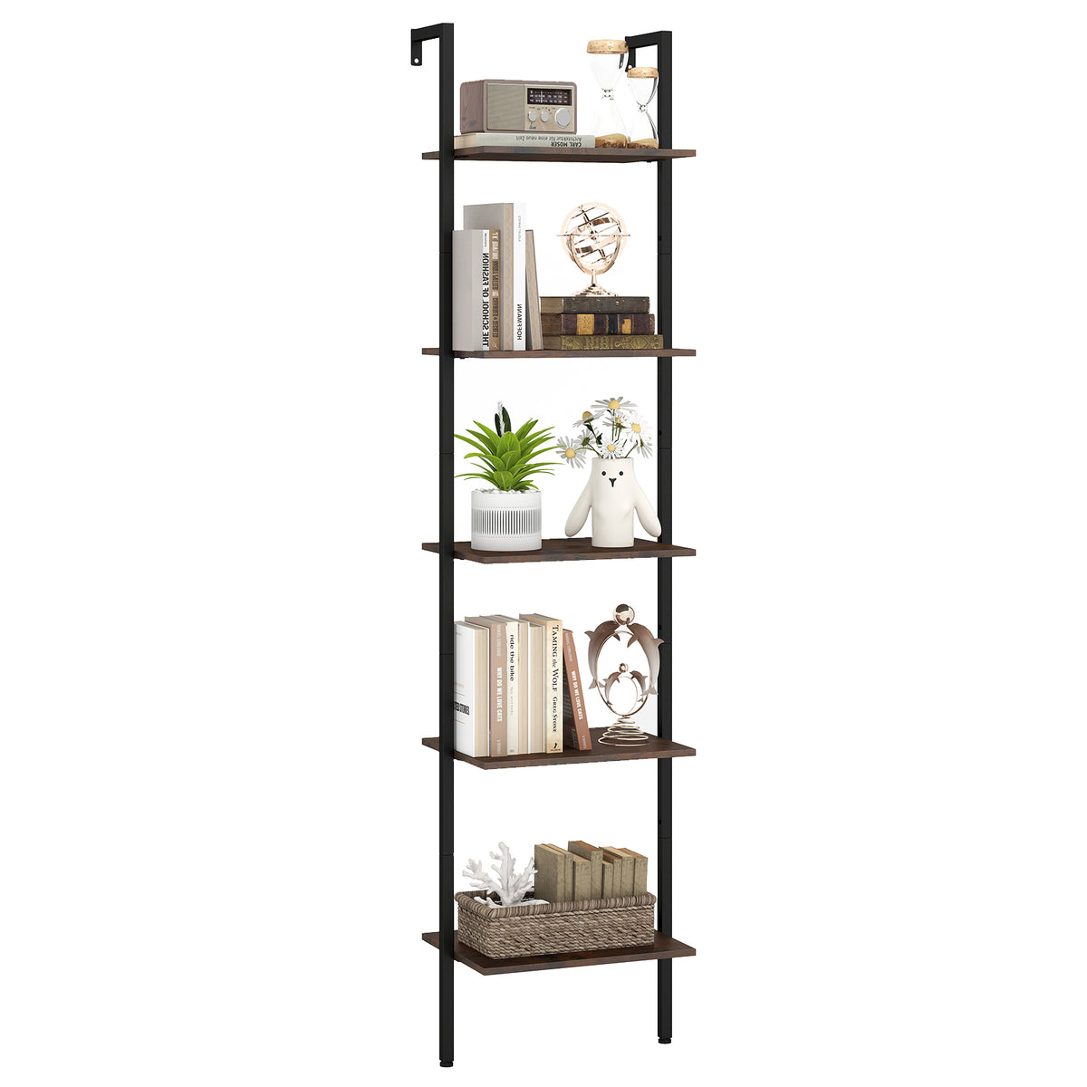 5-Tier Wall Mount Ladder Shelf - Rustic Brown