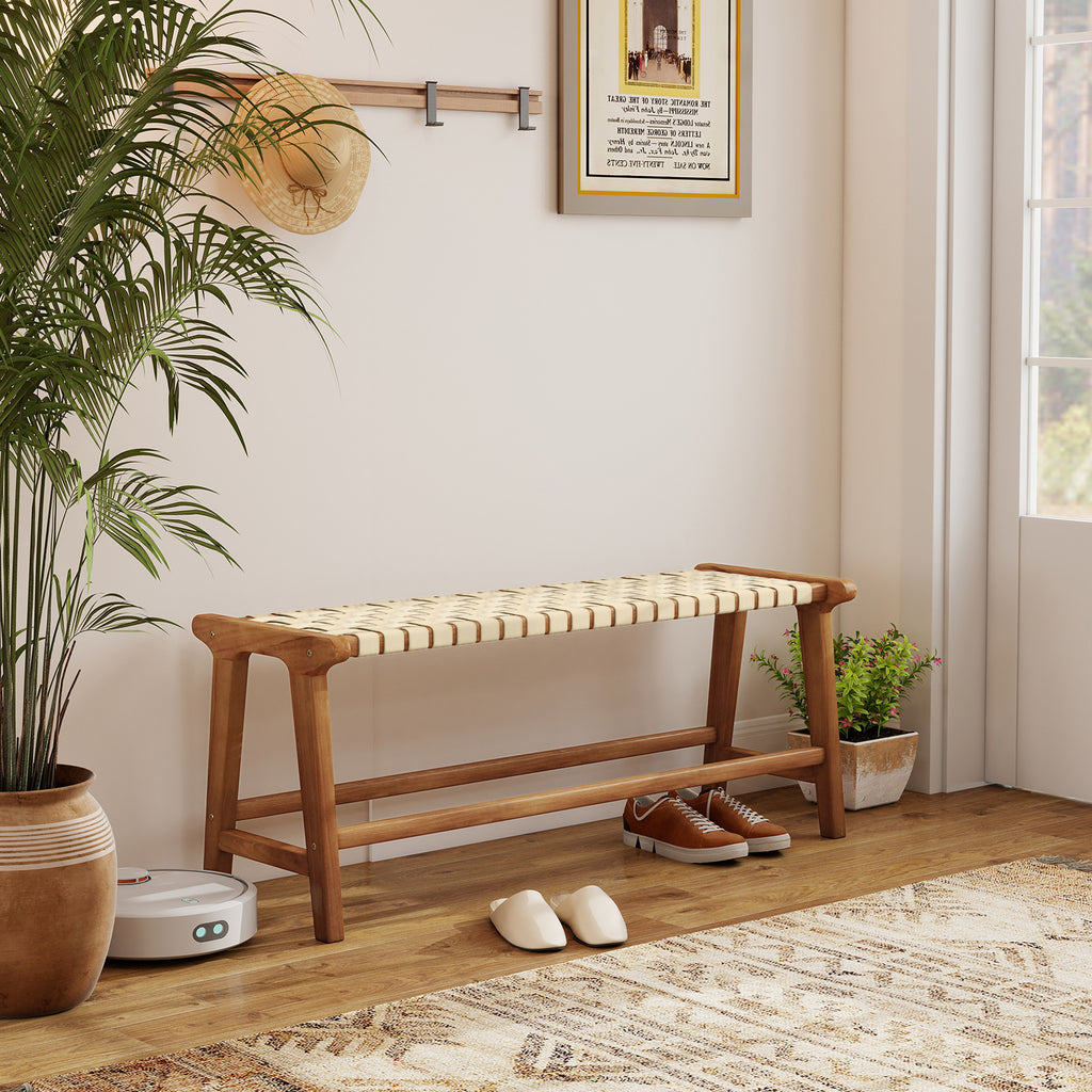 47 Inches Long Teak Wood Patio Bench with Weave Seat and Solid Legs