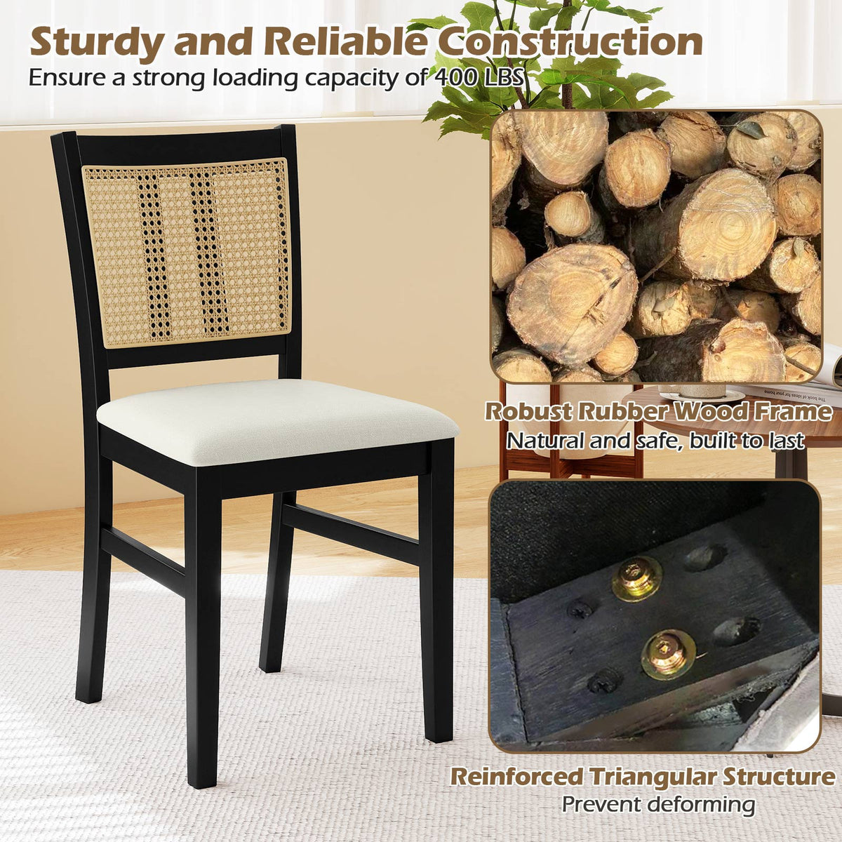 Farmhouse Rattan Dining Chairs Set of 2, Beige