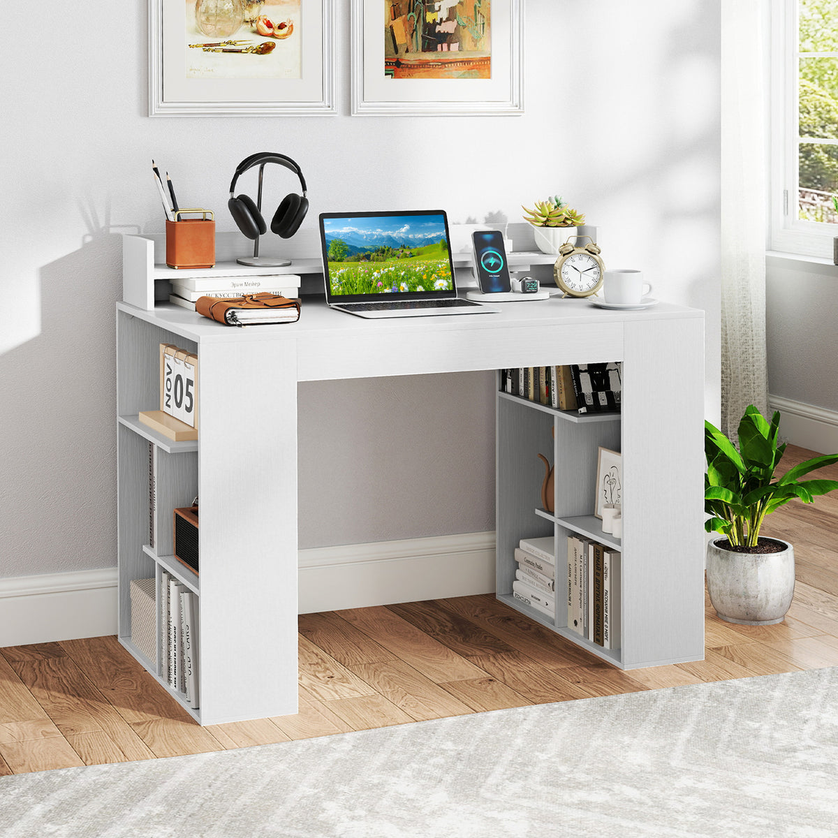 43 Inch Computer Desk with Power Outlets and 2 Bookcases