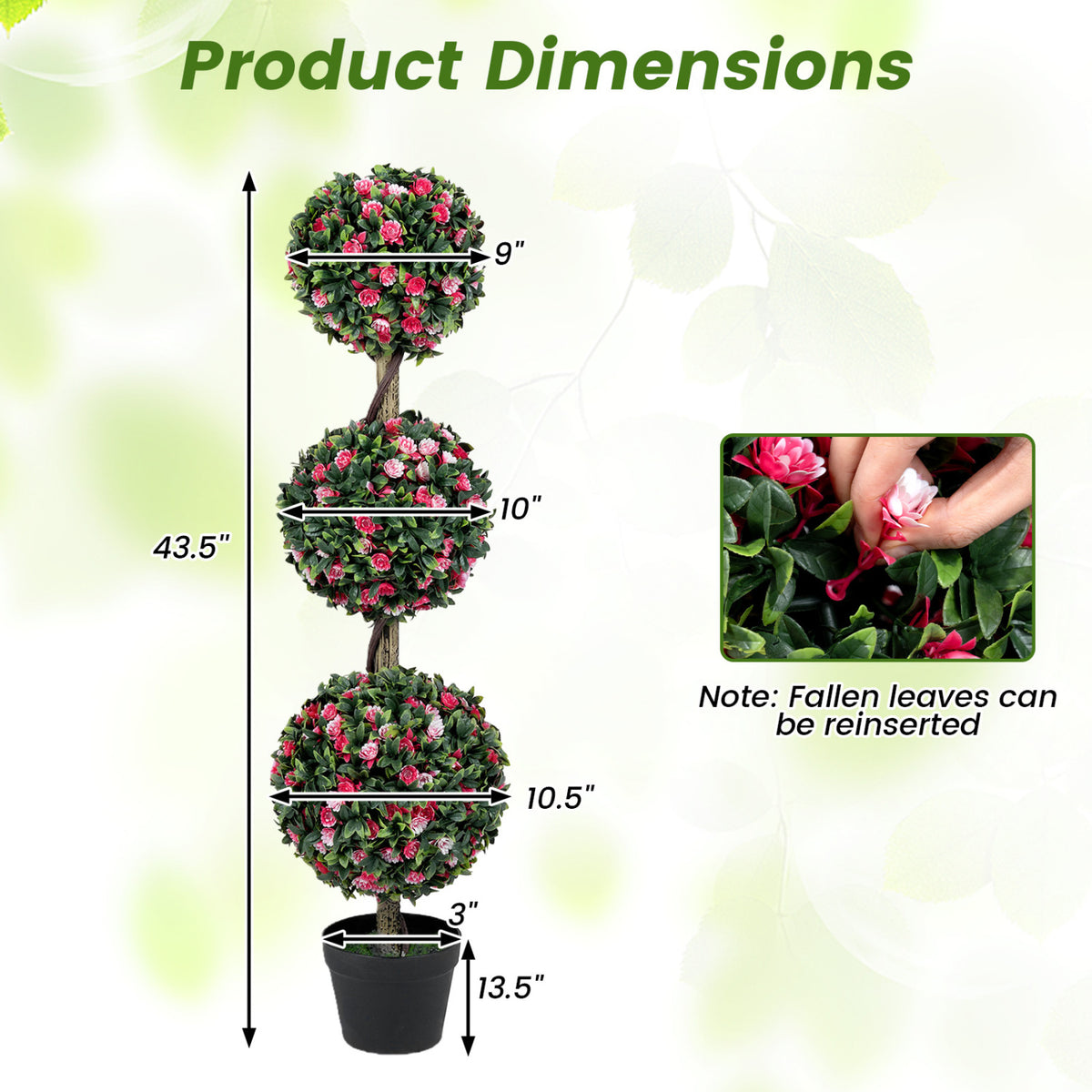 Artificial 43.5-Inch Triple Ball Rose Topiary Tree with Lifelike Blooms - 1 Piece