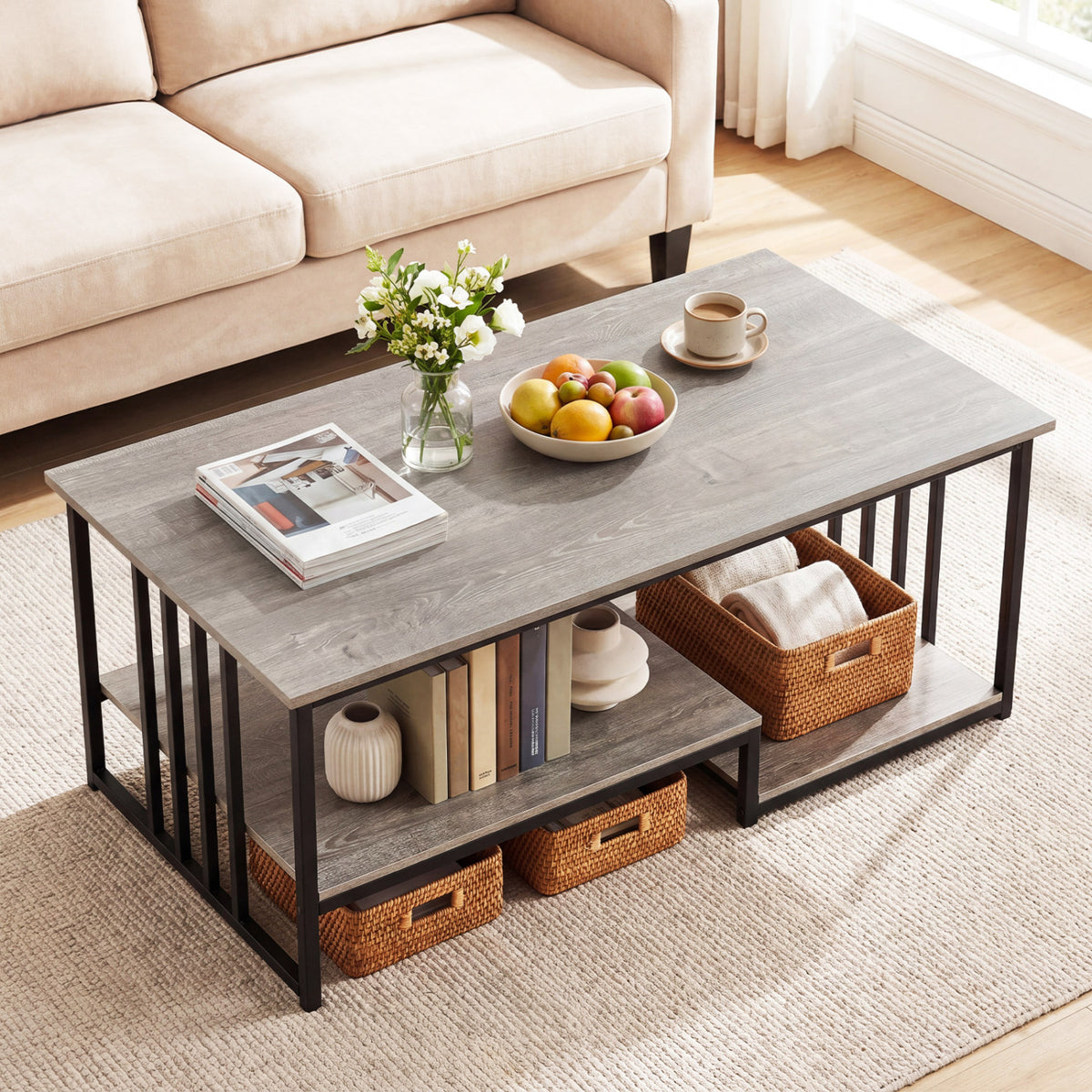 43.5" Coffee Table 2-Tier with Storage Shelf - Oak