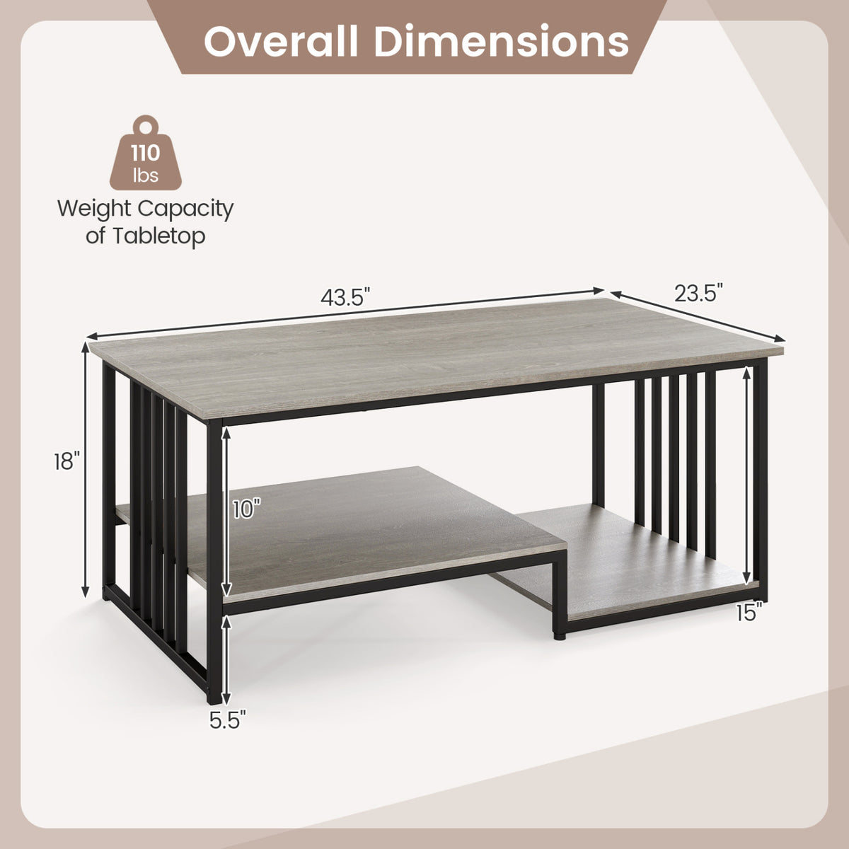 43.5" Coffee Table 2-Tier with Storage Shelf - Oak