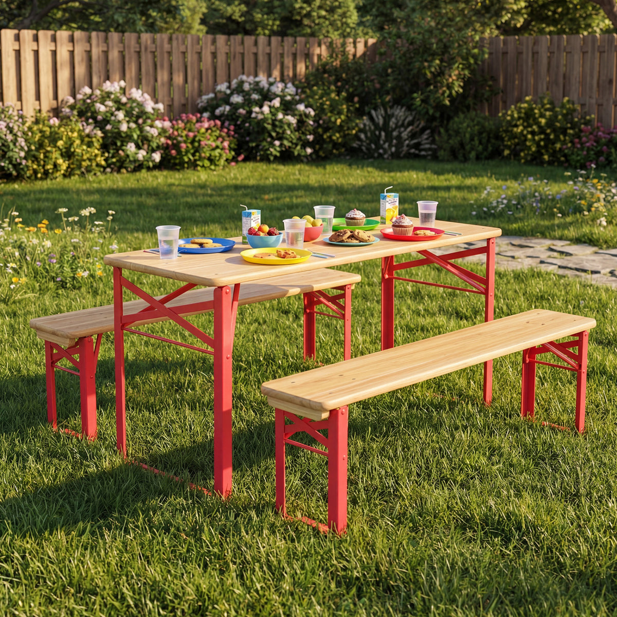 Red 43.5 Inch Folding Kids Picnic Table & Bench Set No Assembly Wooden Toddler Furniture