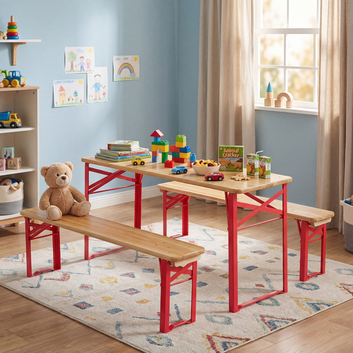 Red 43.5 Inch Folding Kids Picnic Table & Bench Set No Assembly Wooden Toddler Furniture