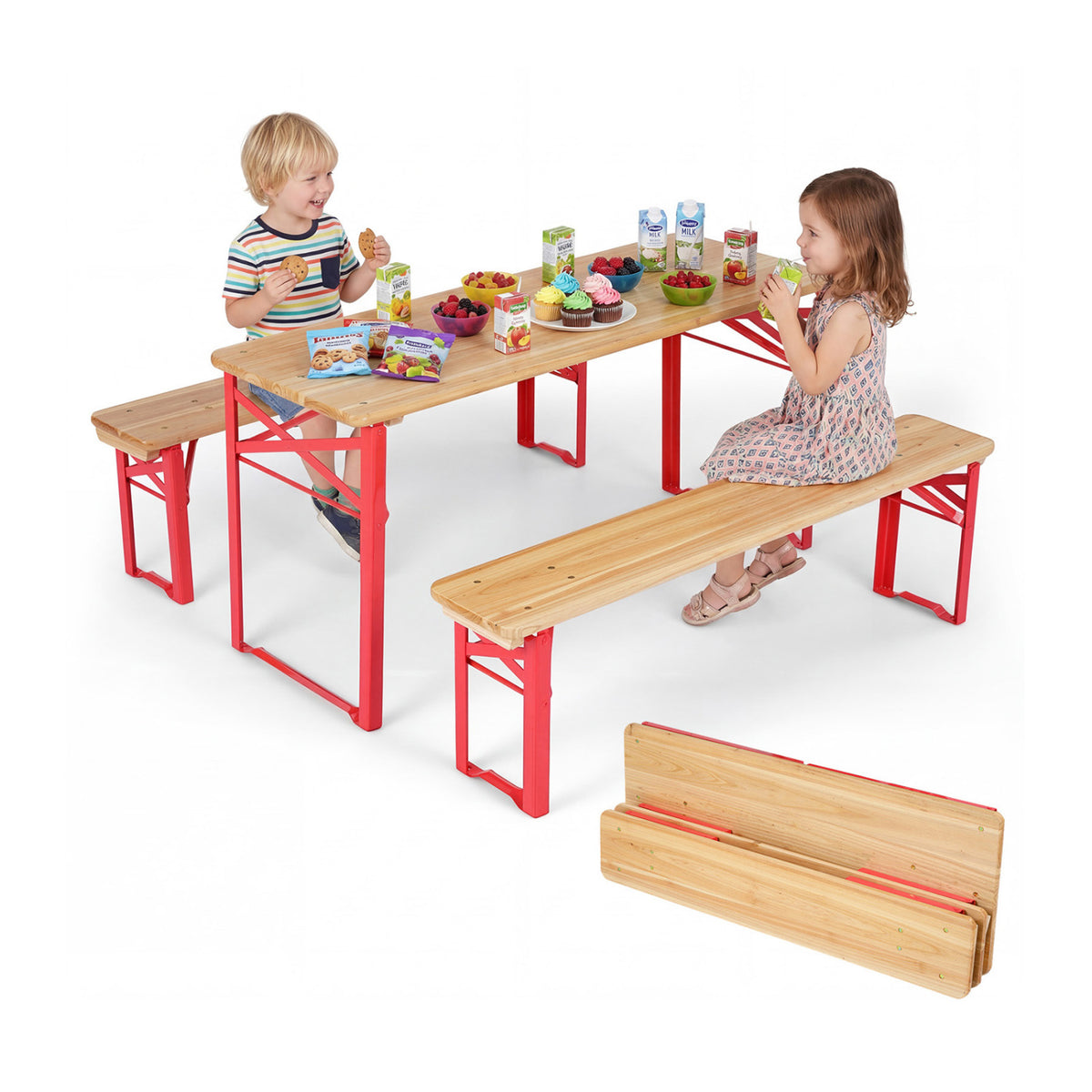 Red 43.5 Inch Folding Kids Picnic Table & Bench Set No Assembly Wooden Toddler Furniture