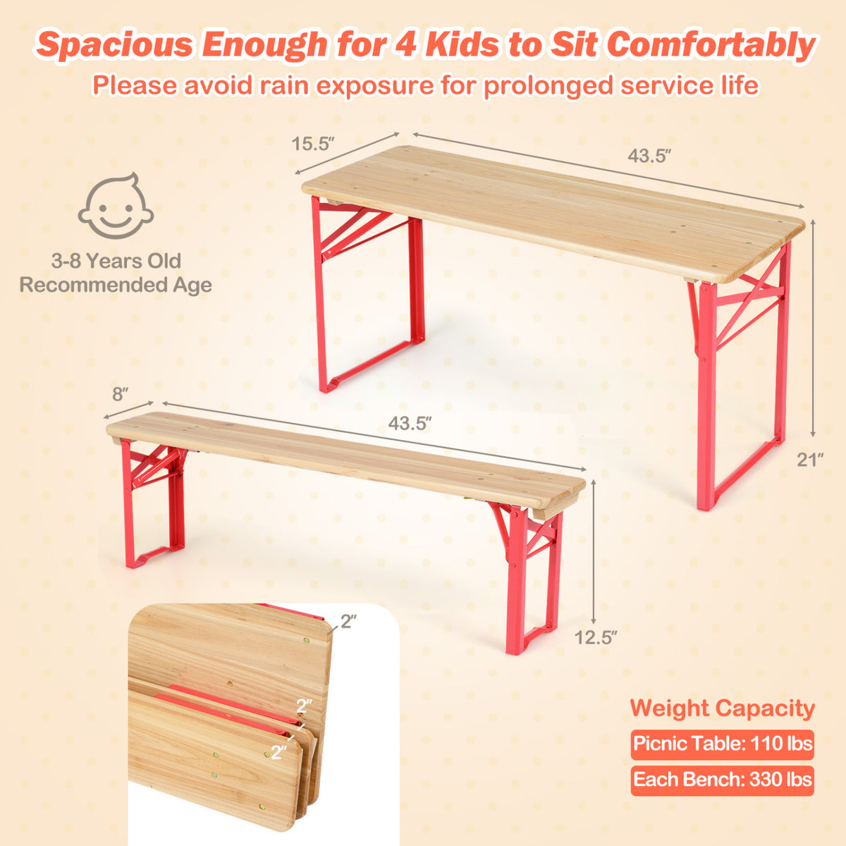 Red 43.5 Inch Folding Kids Picnic Table & Bench Set No Assembly Wooden Toddler Furniture