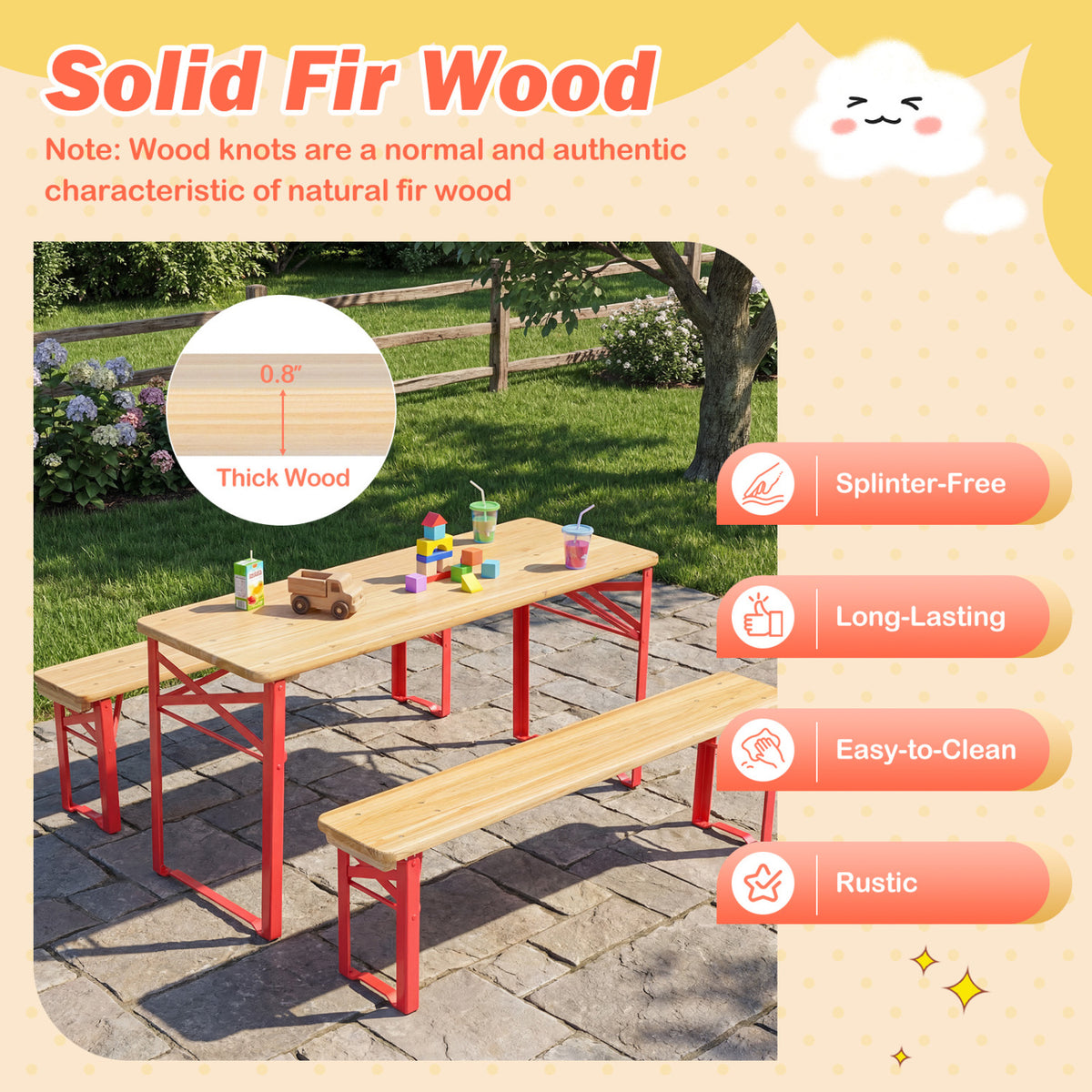 Red 43.5 Inch Folding Kids Picnic Table & Bench Set No Assembly Wooden Toddler Furniture