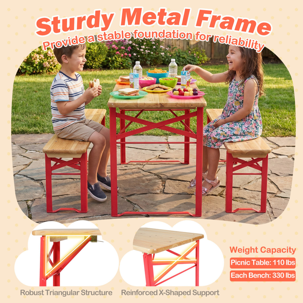 Red 43.5 Inch Folding Kids Picnic Table & Bench Set No Assembly Wooden Toddler Furniture