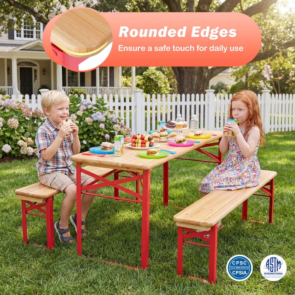 Red 43.5 Inch Folding Kids Picnic Table & Bench Set No Assembly Wooden Toddler Furniture
