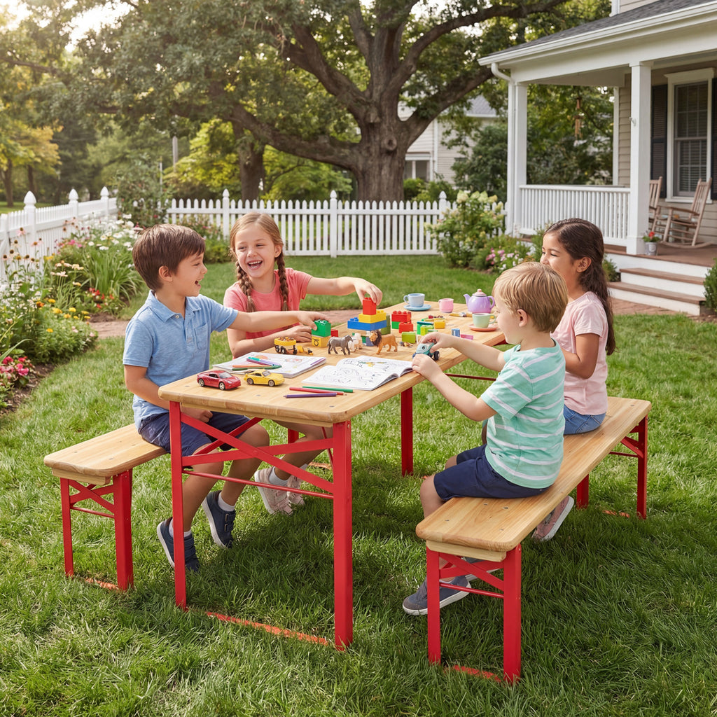 Red 43.5 Inch Folding Kids Picnic Table & Bench Set No Assembly Wooden Toddler Furniture