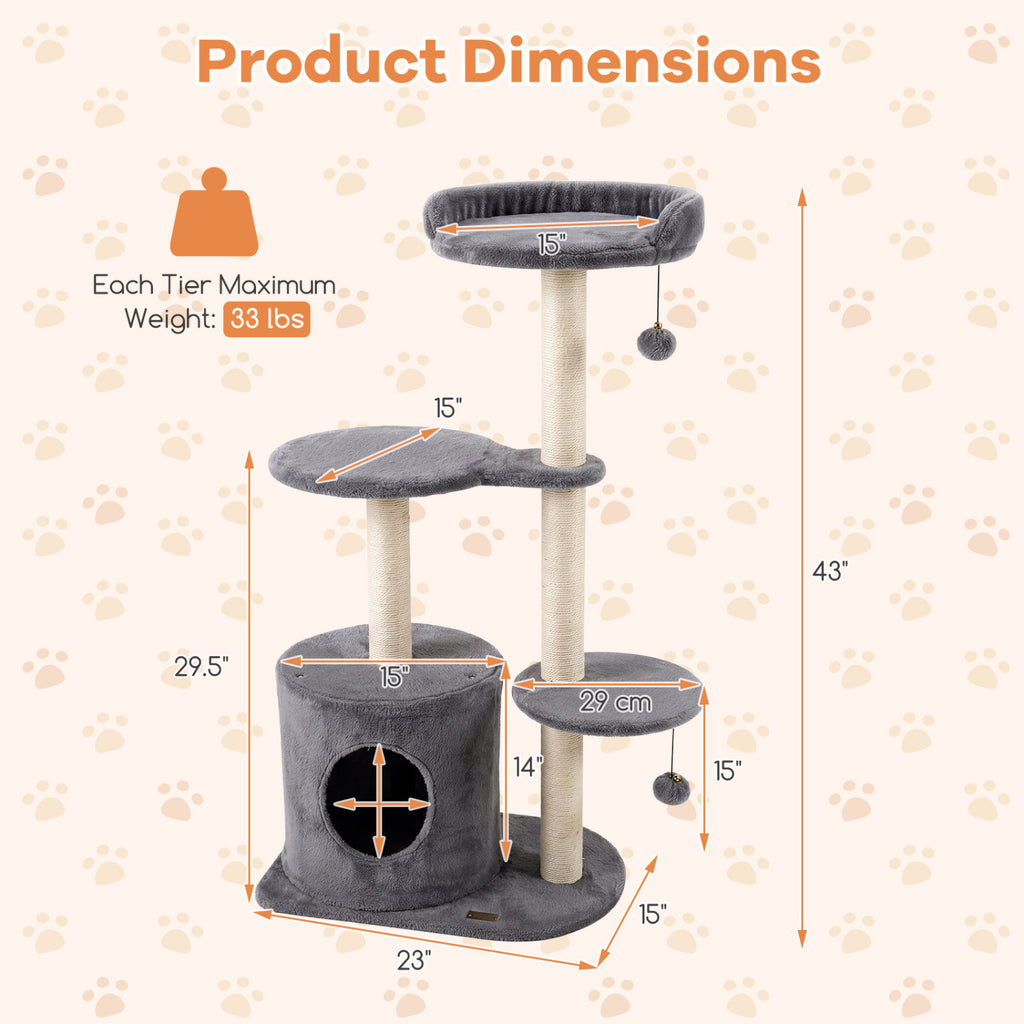 43-Inch Cat Tree with Plush Perches & Sisal Scratching Posts - Gray