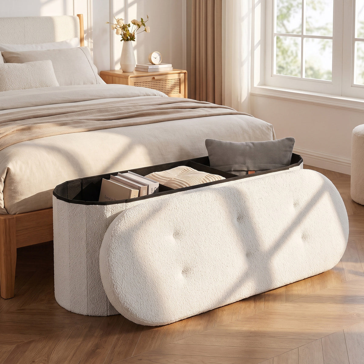 43" Folding Teddy Storage Ottoman Bench with Dividers for Living Room
