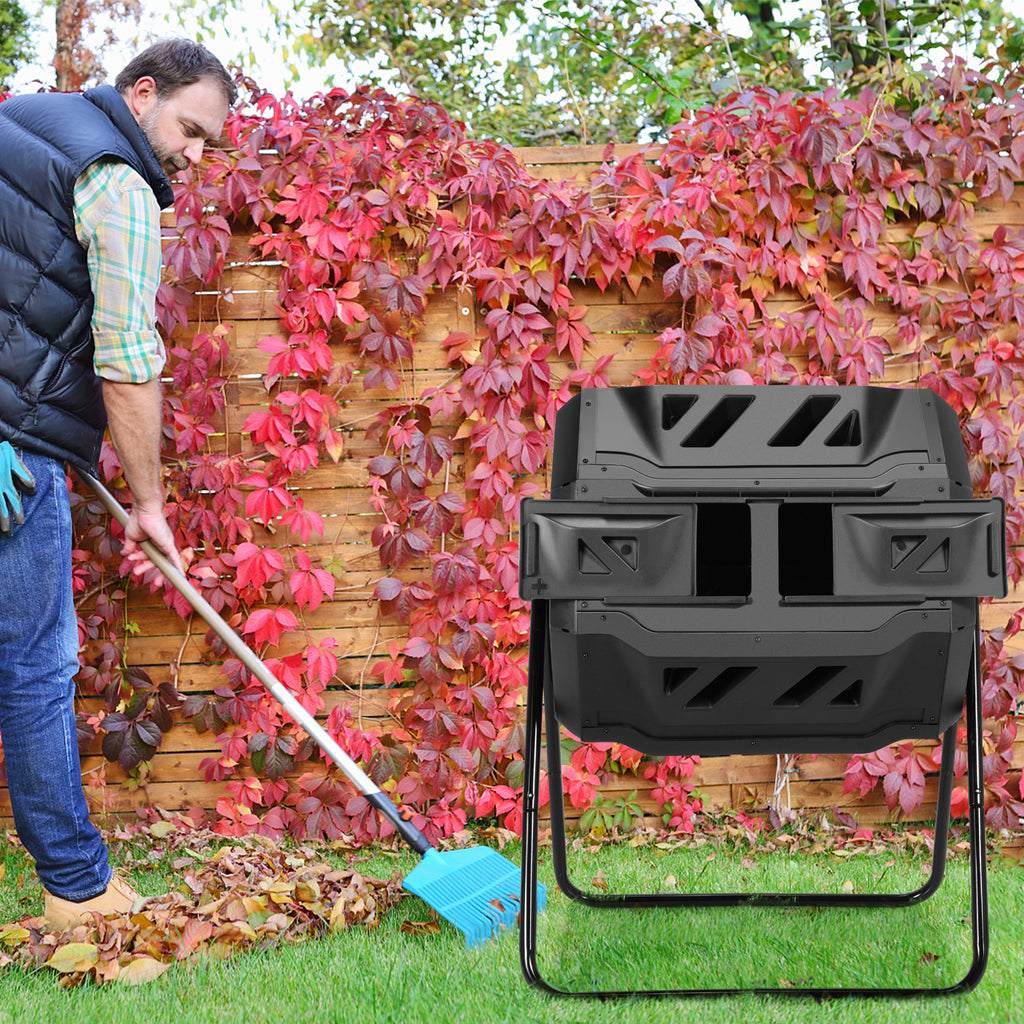 43 Gallon Rotating Compost Bin Barrel with Dual Chamber - Black