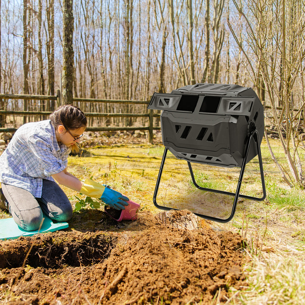 43 Gallon Rotating Compost Bin Barrel with Dual Chamber - Black