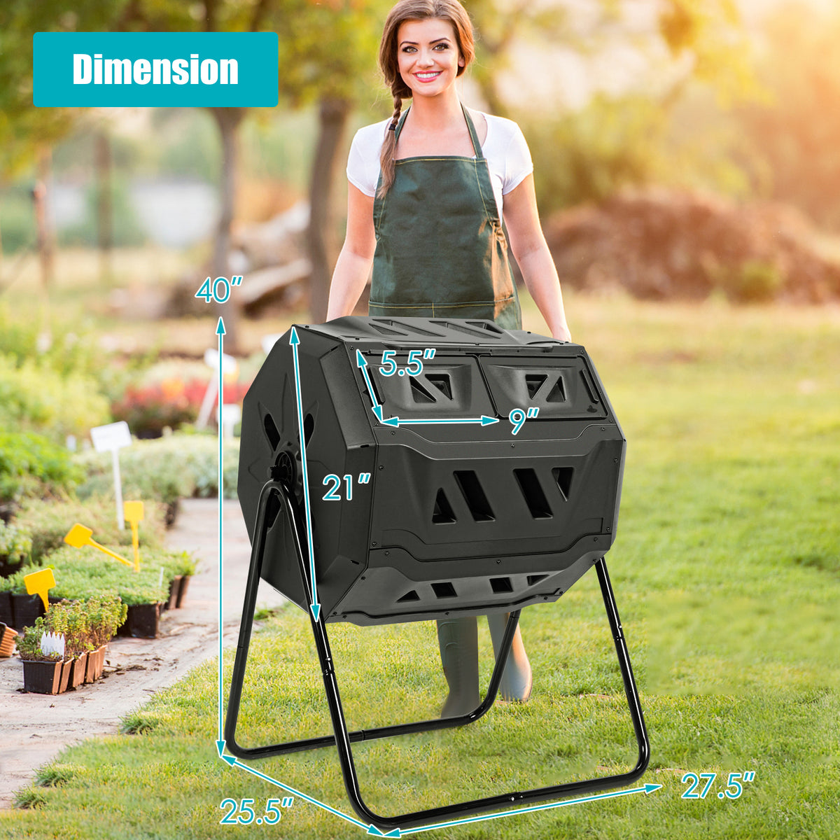43 Gallon Rotating Compost Bin Barrel with Dual Chamber - Black