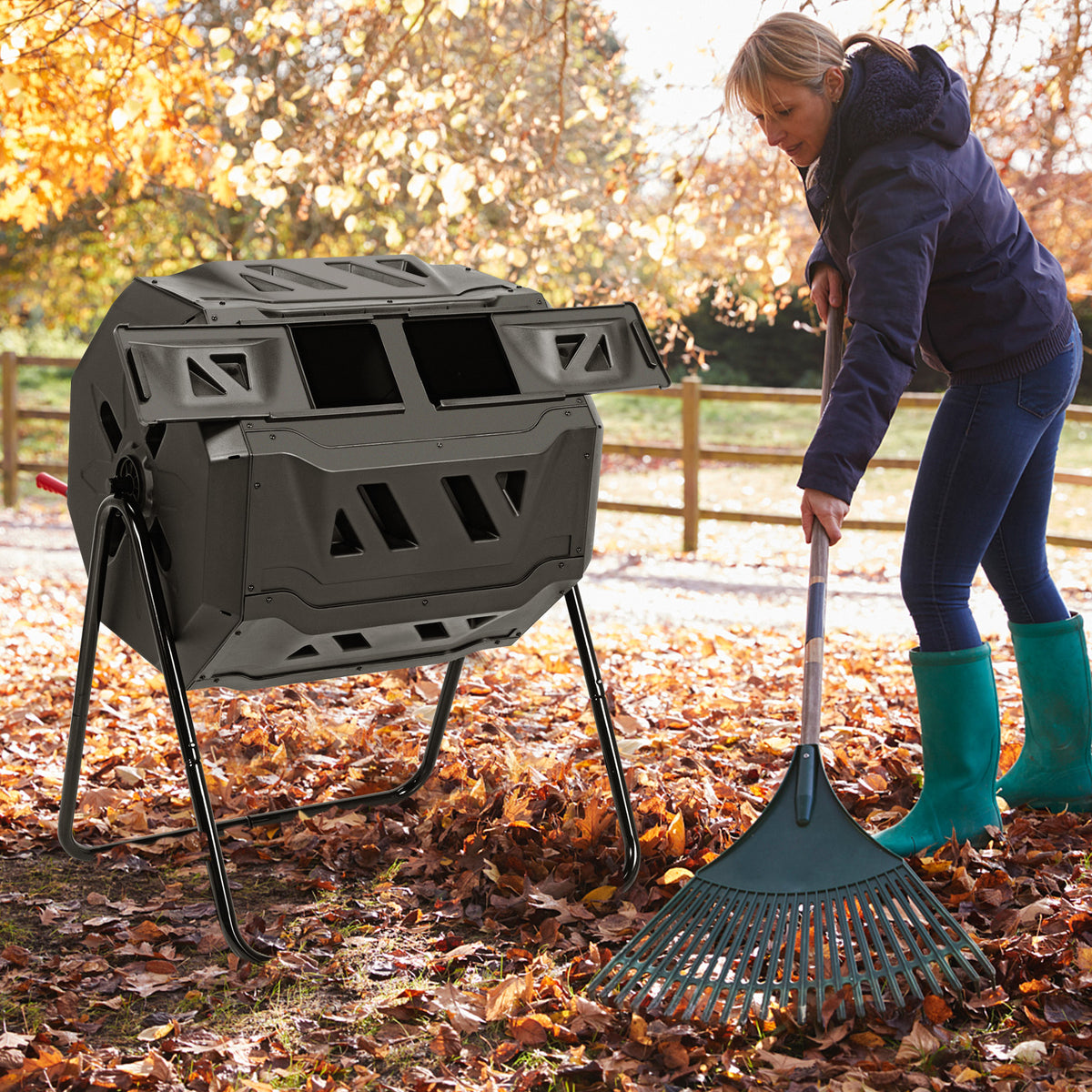 43 Gallon Rotating Compost Bin Barrel with Dual Chamber - Black