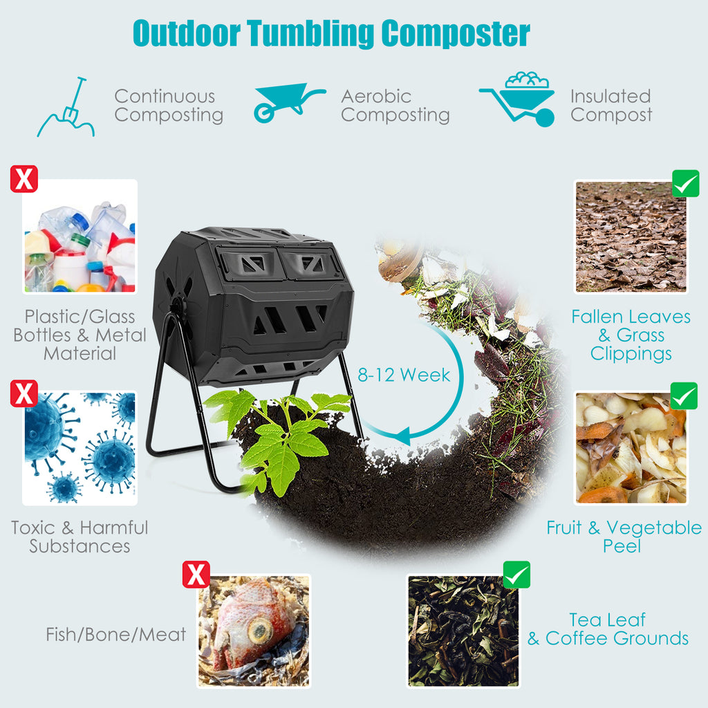 43 Gallon Rotating Compost Bin Barrel with Dual Chamber - Black