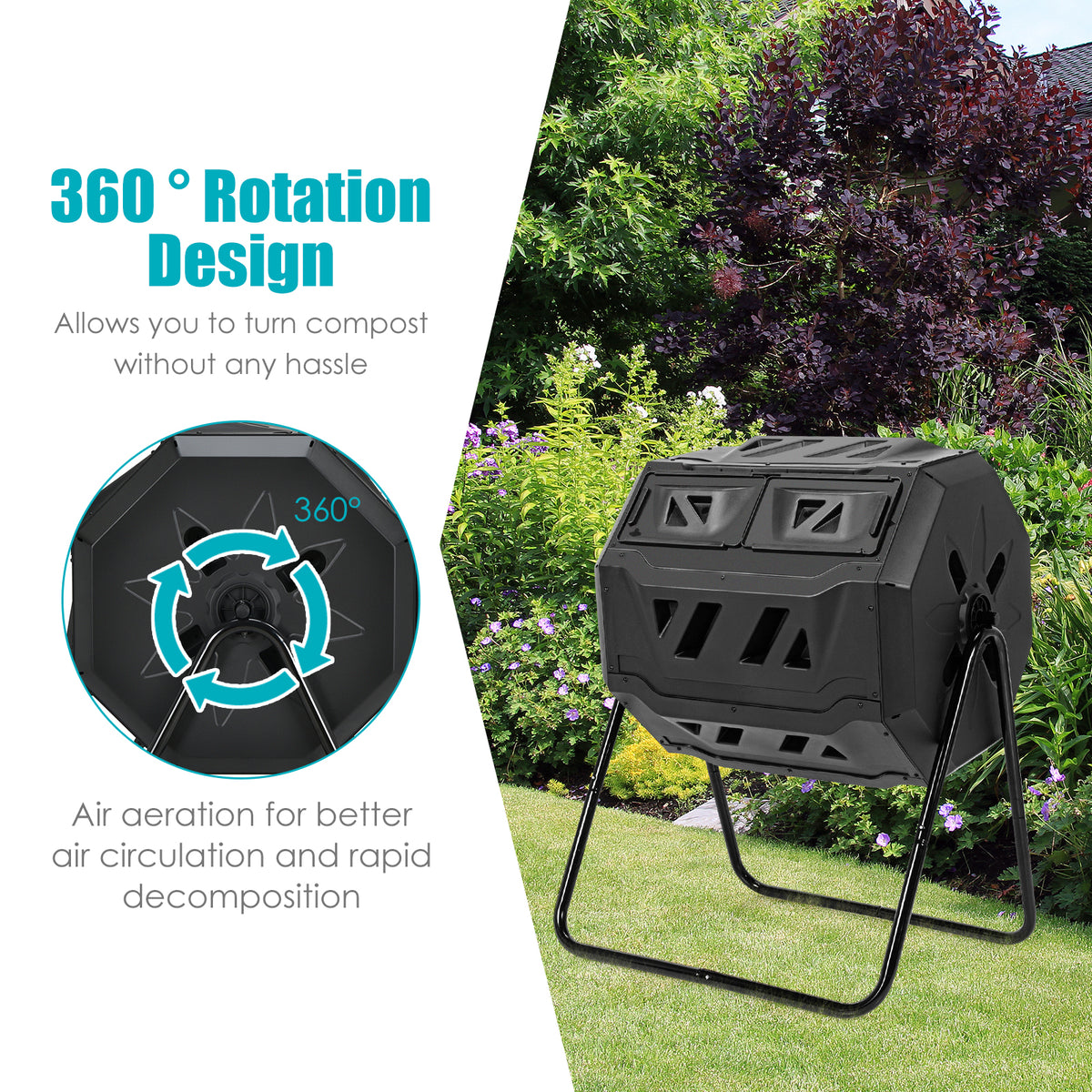 43 Gallon Rotating Compost Bin Barrel with Dual Chamber - Black
