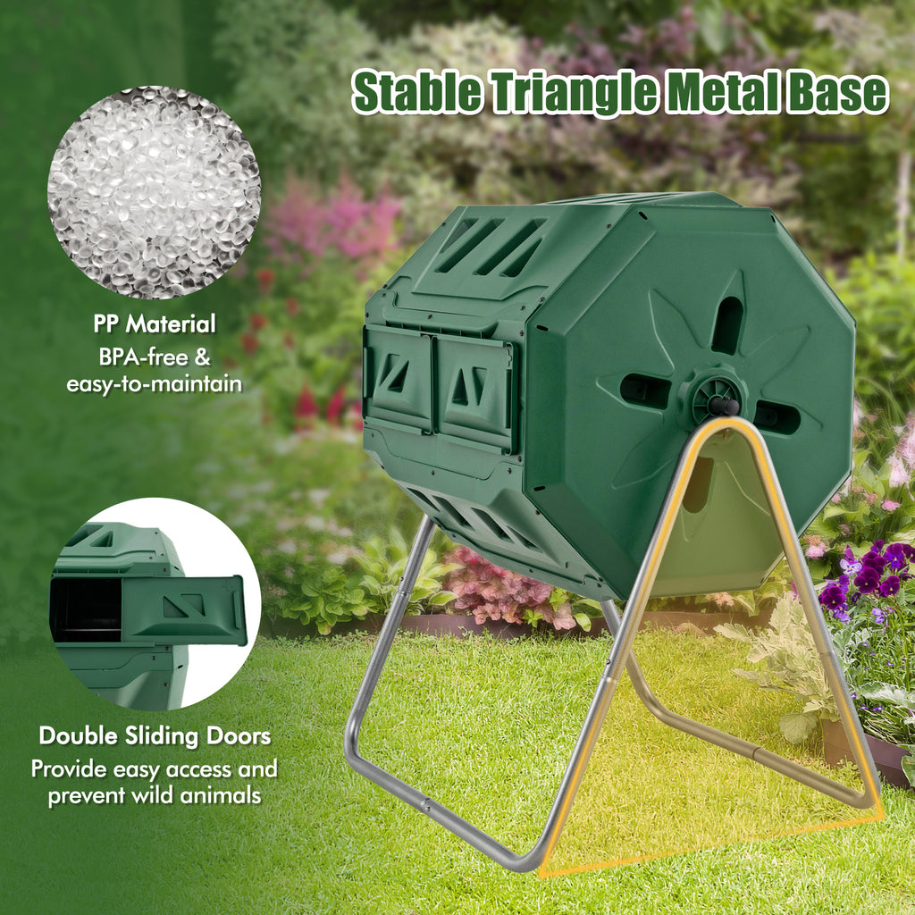 43 Gallon Rotating Compost Bin Barrel with Dual Chamber and Sliding