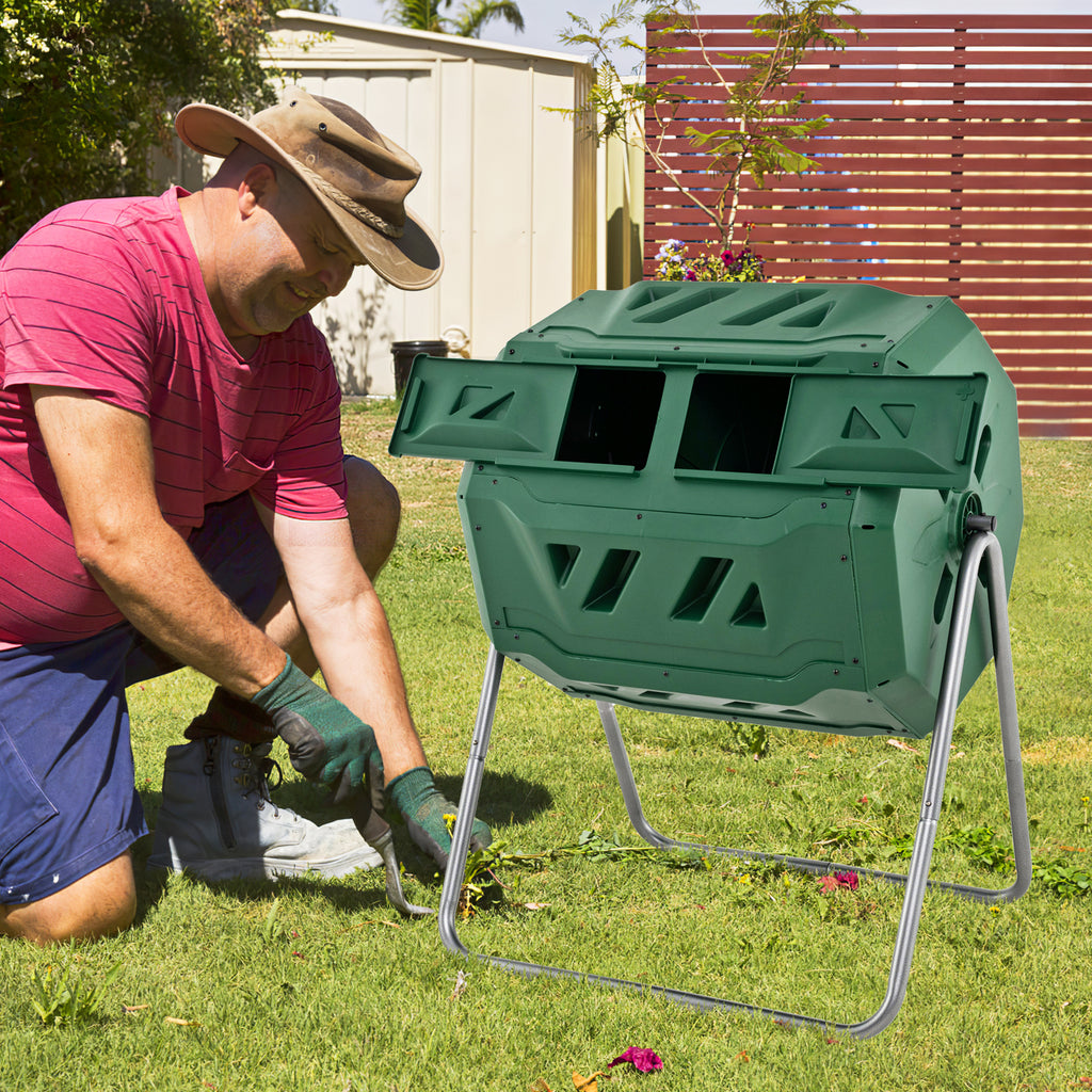 43 Gallon Rotating Compost Bin Barrel with Dual Chamber and Sliding