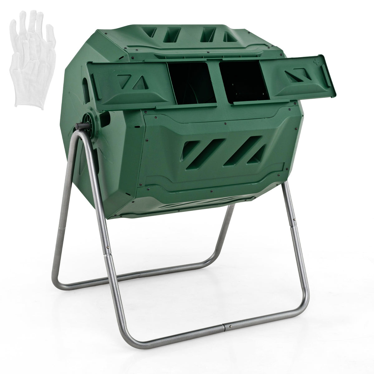 43 Gallon Rotating Compost Bin Barrel with Dual Chamber and Sliding