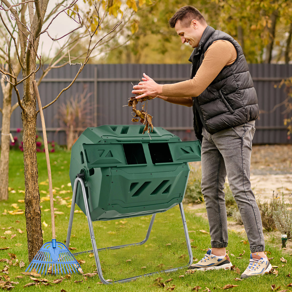 43 Gallon Rotating Compost Bin Barrel with Dual Chamber and Sliding
