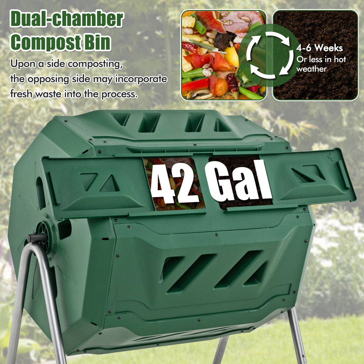 43 Gallon Rotating Compost Bin Barrel with Dual Chamber and Sliding