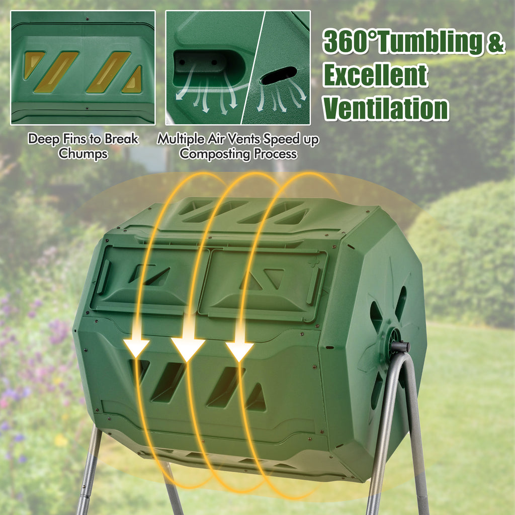43 Gallon Rotating Compost Bin Barrel with Dual Chamber and Sliding