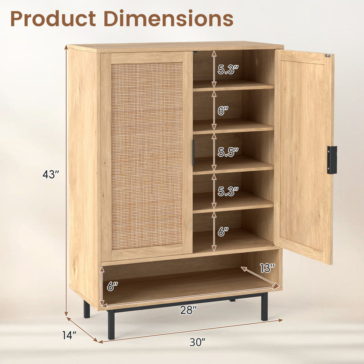 43 Inch 6-Tier Tall Shoe Cabinet with Double Doors