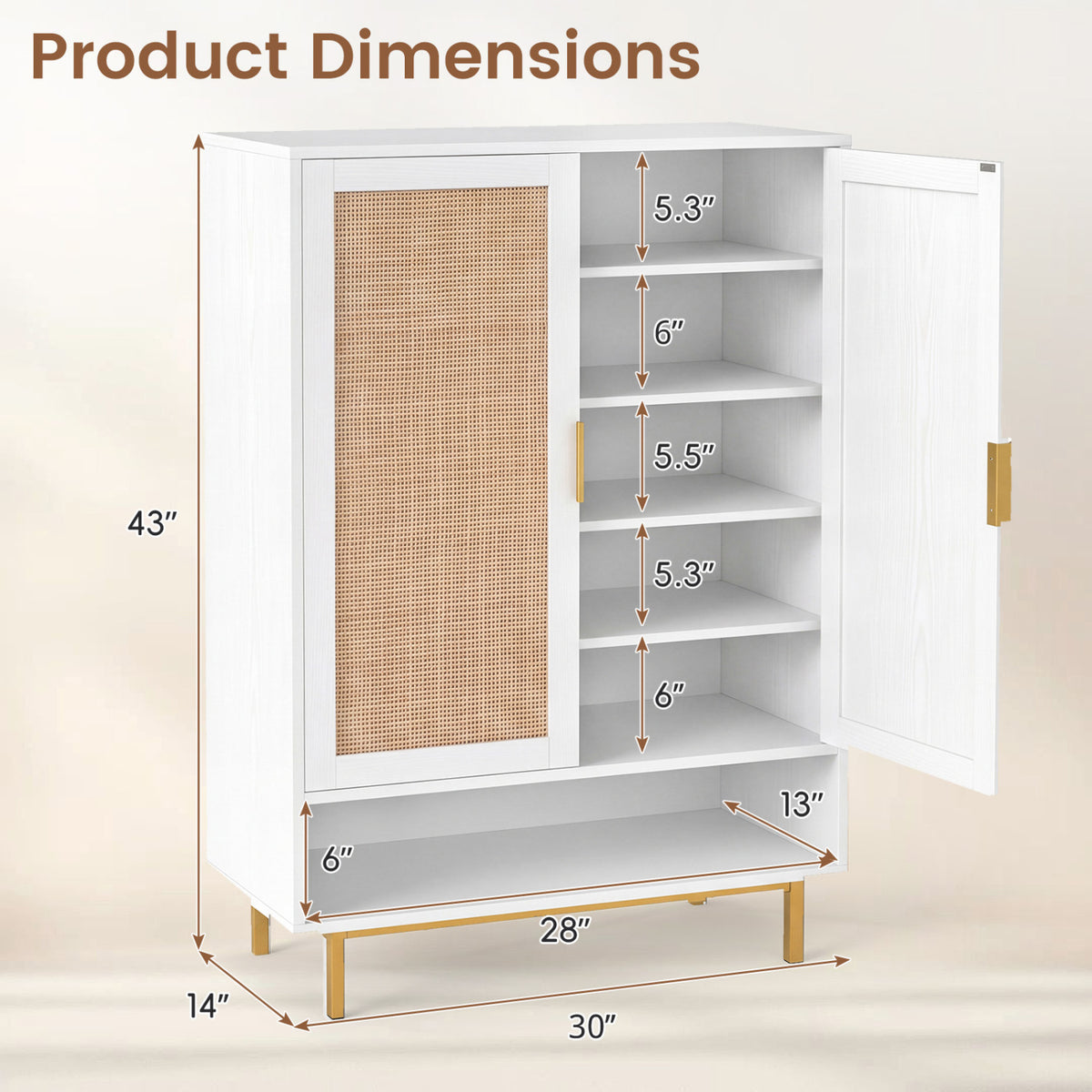 43 Inch 6-Tier Tall Shoe Cabinet with Double Doors