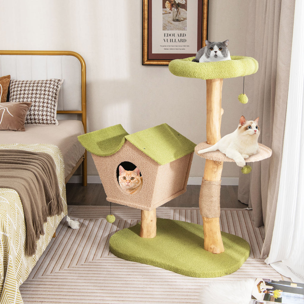 43 Inch Wooden Cat Tree with Padded Top Perch - Green Variation