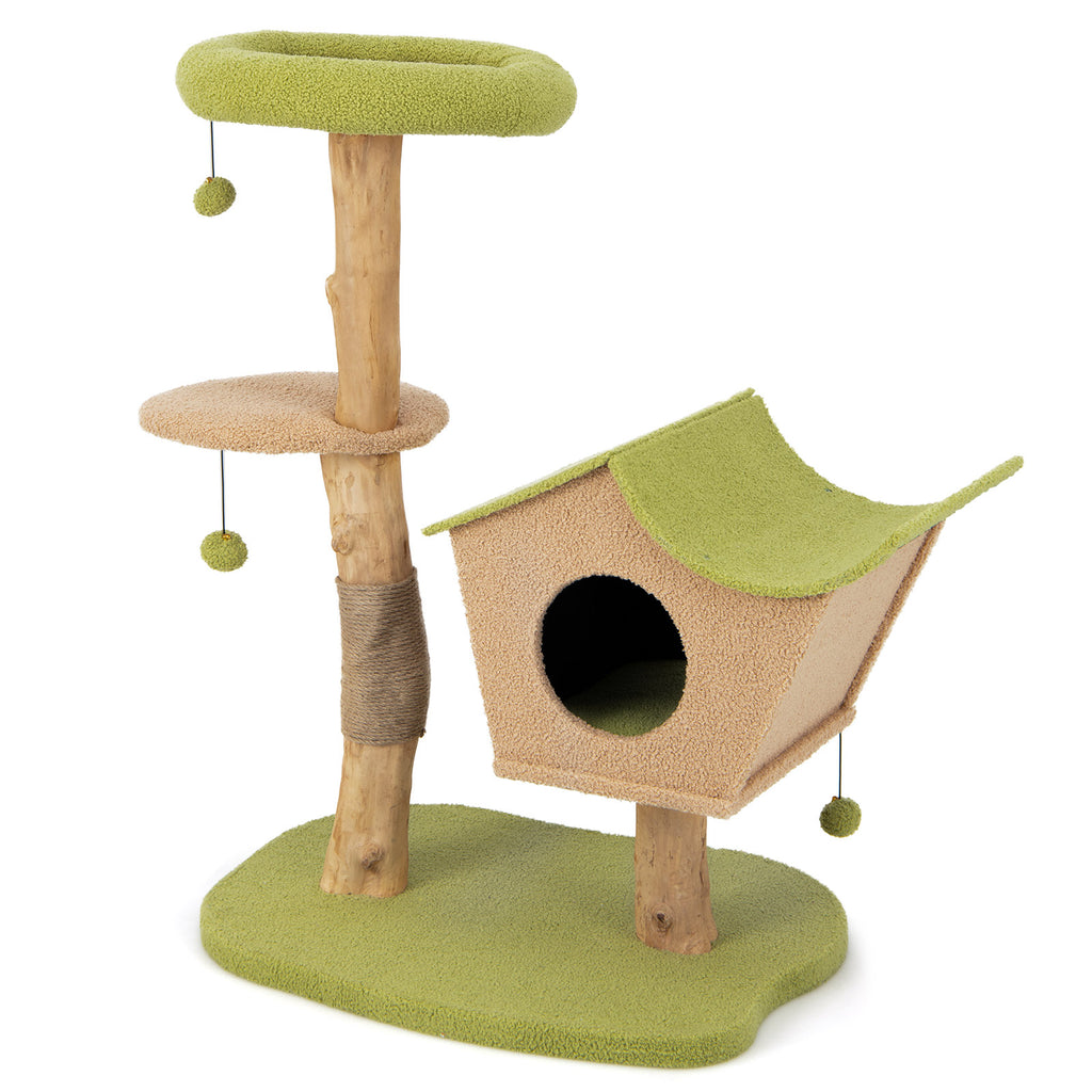 43 Inch Wooden Cat Tree with Padded Top Perch - Green Variation