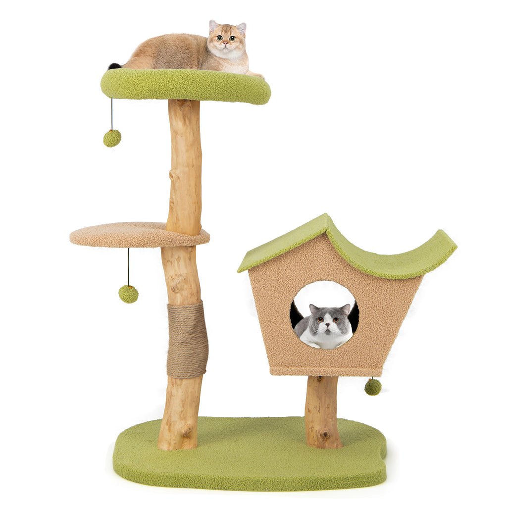 43 Inch Wooden Cat Tree with Padded Top Perch - Green Variation