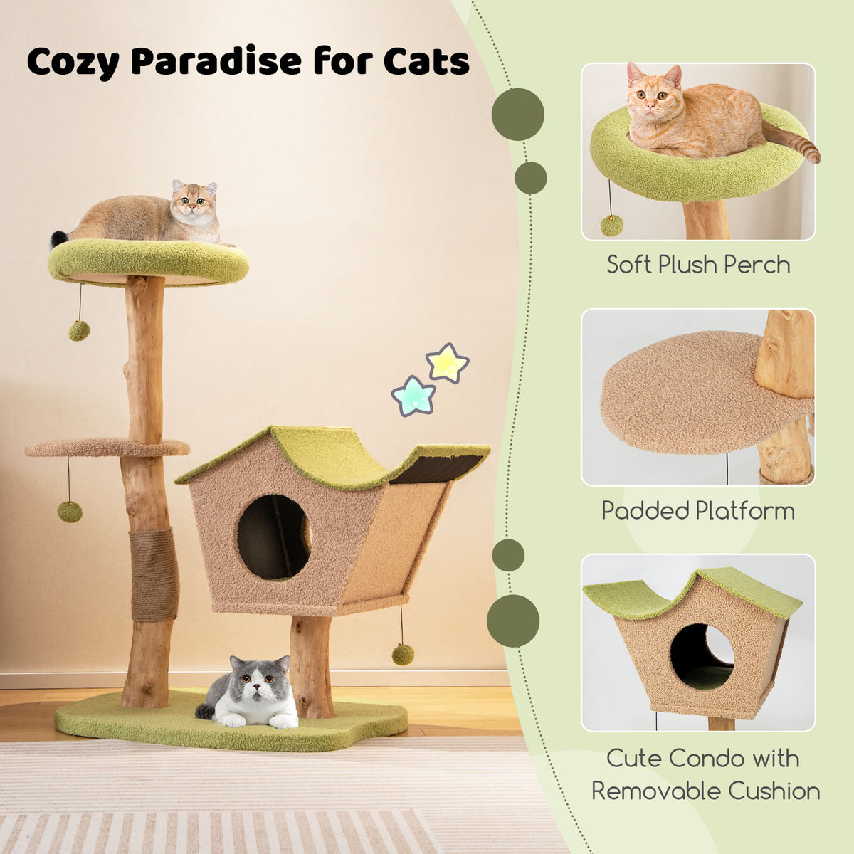 43 Inch Wooden Cat Tree with Padded Top Perch - Green Variation